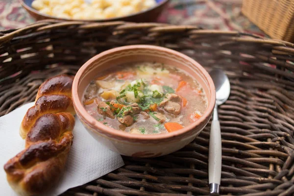 Hungarian Traditional Food Goulash Soup Fresh Scone — Stock Photo, Image