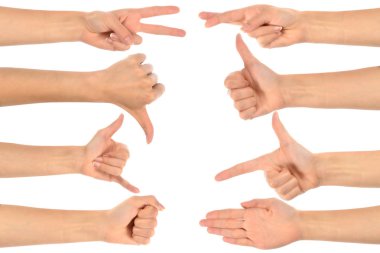 Farklı jestler gösteren beyaz bir arkaplanda birçok el