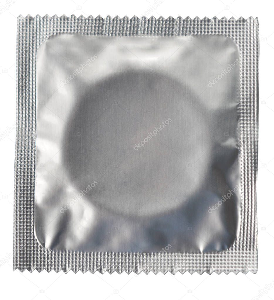 one condom in silver packaging on a white background in very good quality