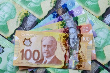 Calgary Alberta, Kanada. 27 Ocak 2020. Kanada banknotlarından oluşan bir kolaj. Kanada Doları Petrol Fiyatı Blues 'dan muzdarip. Çizimsel.