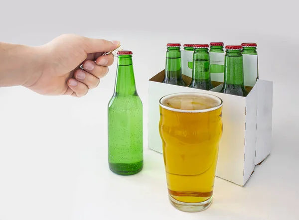 Person Opening Pilsner Style Lager Green Bottle Sic Pack Full — Stock Photo, Image