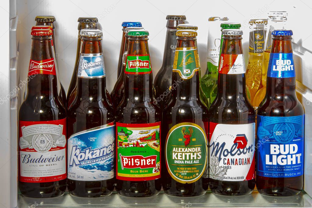 Calgary Alberta, Canada. Feb 02 2020. A set of Canadian popular beer brands inside of a fridge