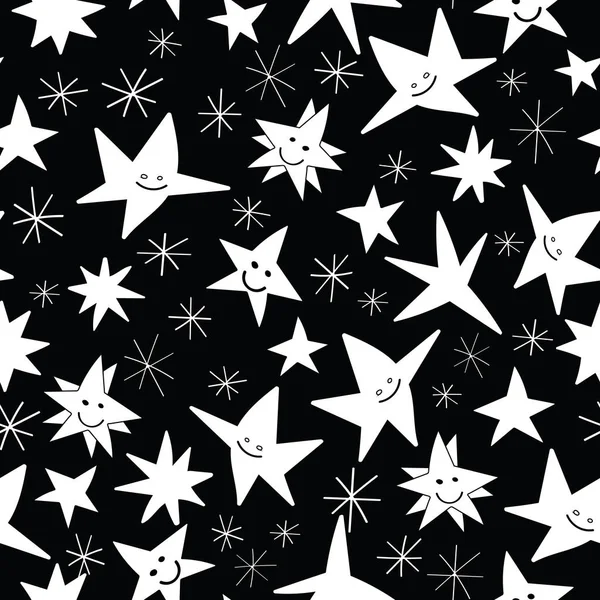 Negro con estrellas sonrientes y brillantes diseño de fondo de patrón sin costuras . — Vector de stock