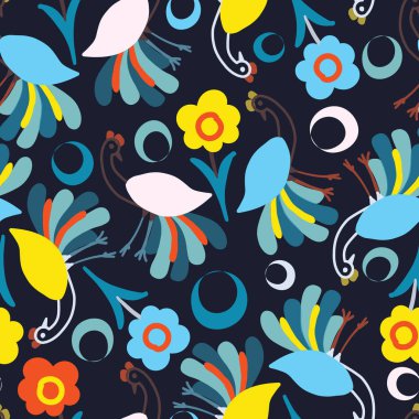 Dark blue with whimsical peacock and flowery and colourful moons seamless pattern background design.