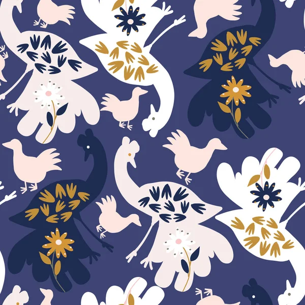 Bleu foncé avec de grands oiseaux avec des fleurs motif sans couture conception de fond . — Image vectorielle