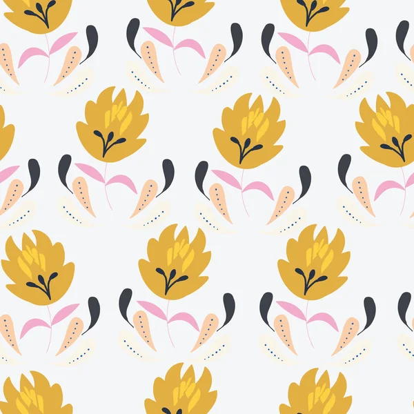 Weiß mit gelben Folklore wie Blumen und rosa dekorative Elemente nahtlose Muster Hintergrunddesign. — Stockvektor