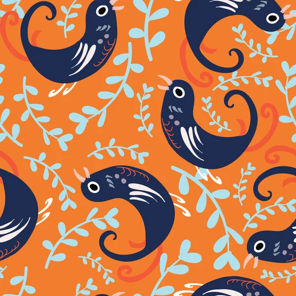 橙色，有异想天开的深蓝色鸟般的生物和细长的分枝无缝图案背景设计. — 图库矢量图片