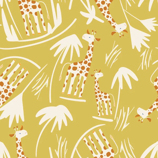 Senfgelb mit niedlichen Giraffen und Palmen nahtlose Muster Hintergrunddesign. — Stockvektor