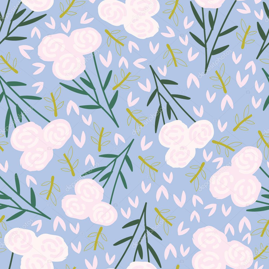 Light grey blue with whimsical pink floral bouquets seamless pattern background design.