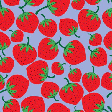 Kırmızı sulu çilekli mavi, dikişsiz arka plan tasarımı..