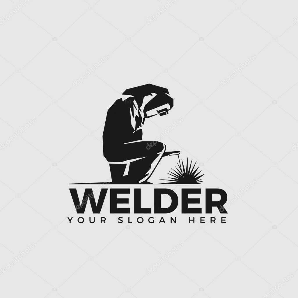 WELDING LOGO welder silhouette working with helmet in simple and modern design style