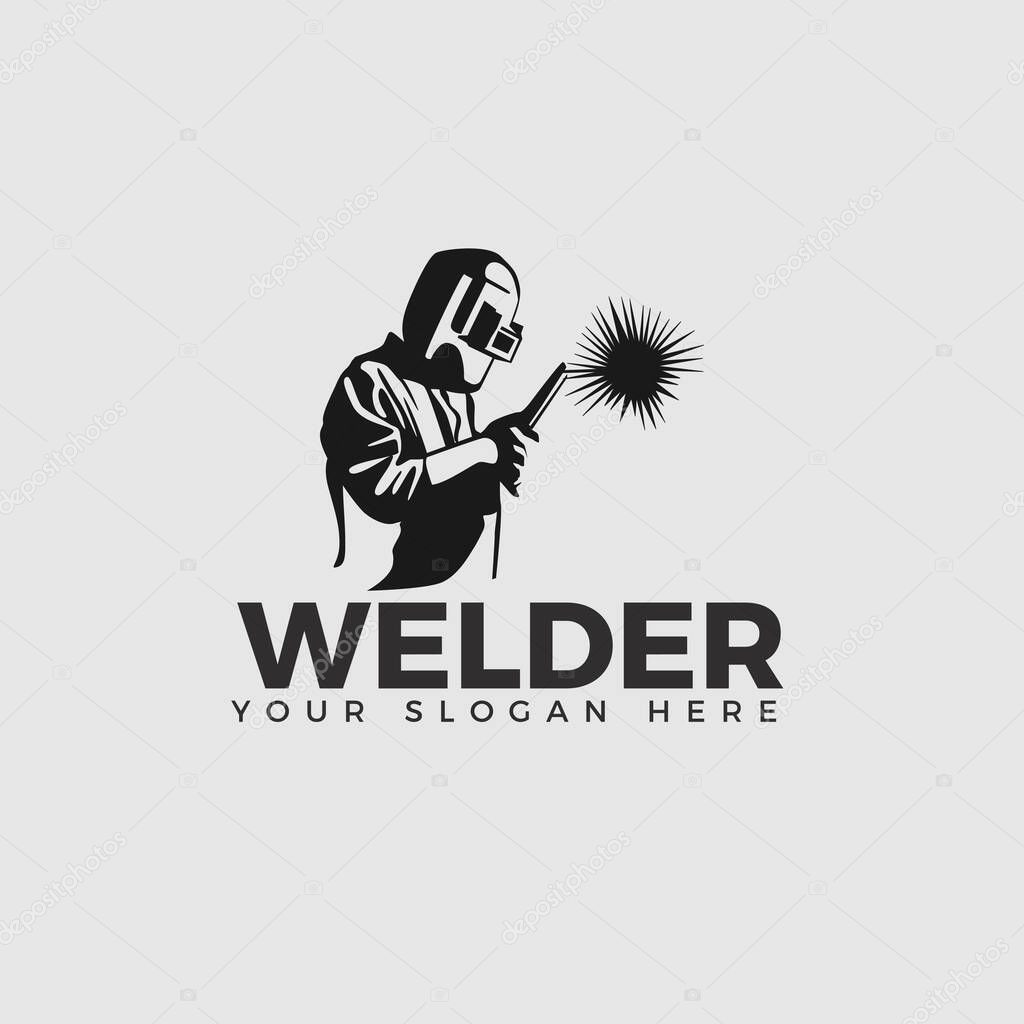 WELDING LOGO welder silhouette working with helmet in simple and modern design style