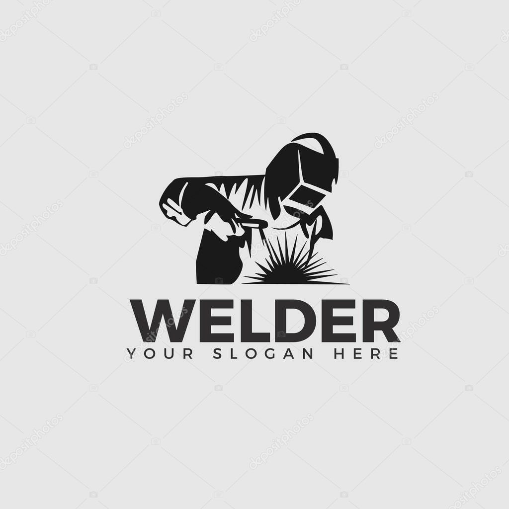 WELDING LOGO welder silhouette working with helmet in simple and modern design style