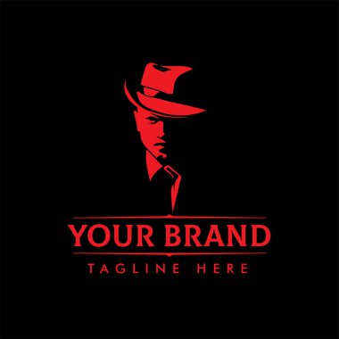 LOGO sembolleri soyut siluet şapkalı adamlar. Etiketler, logolar, rozetler için moda tasarım öğeleri. Vintage vektör illüstrasyonu