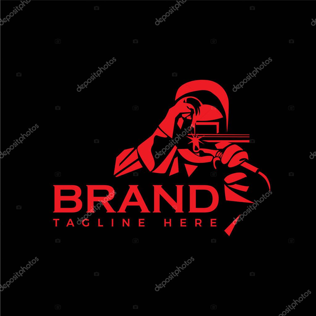 WELDING LOGO welder silhouette working with helmet in simple and modern design style