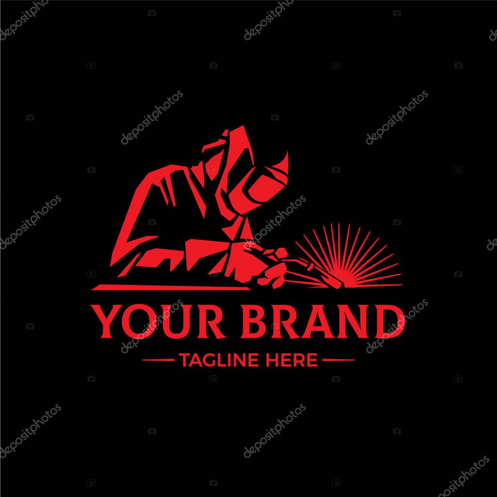 WELDING LOGO welder silhouette working with helmet in simple and modern design style
