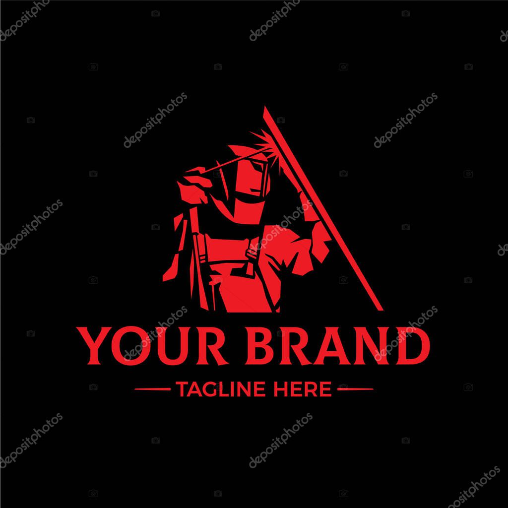 WELDING LOGO welder silhouette working with helmet in simple and modern design style