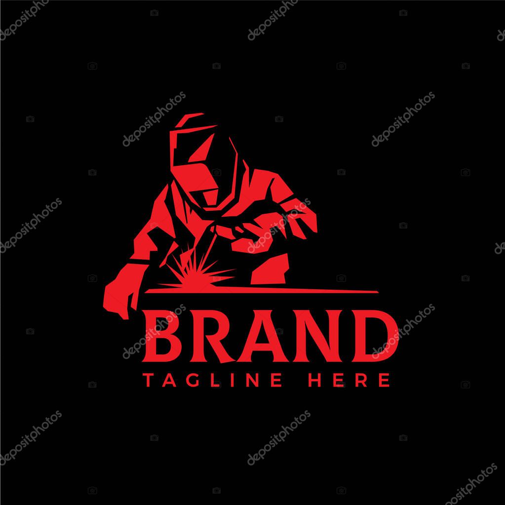 WELDING LOGO welder silhouette working with helmet in simple and modern design style