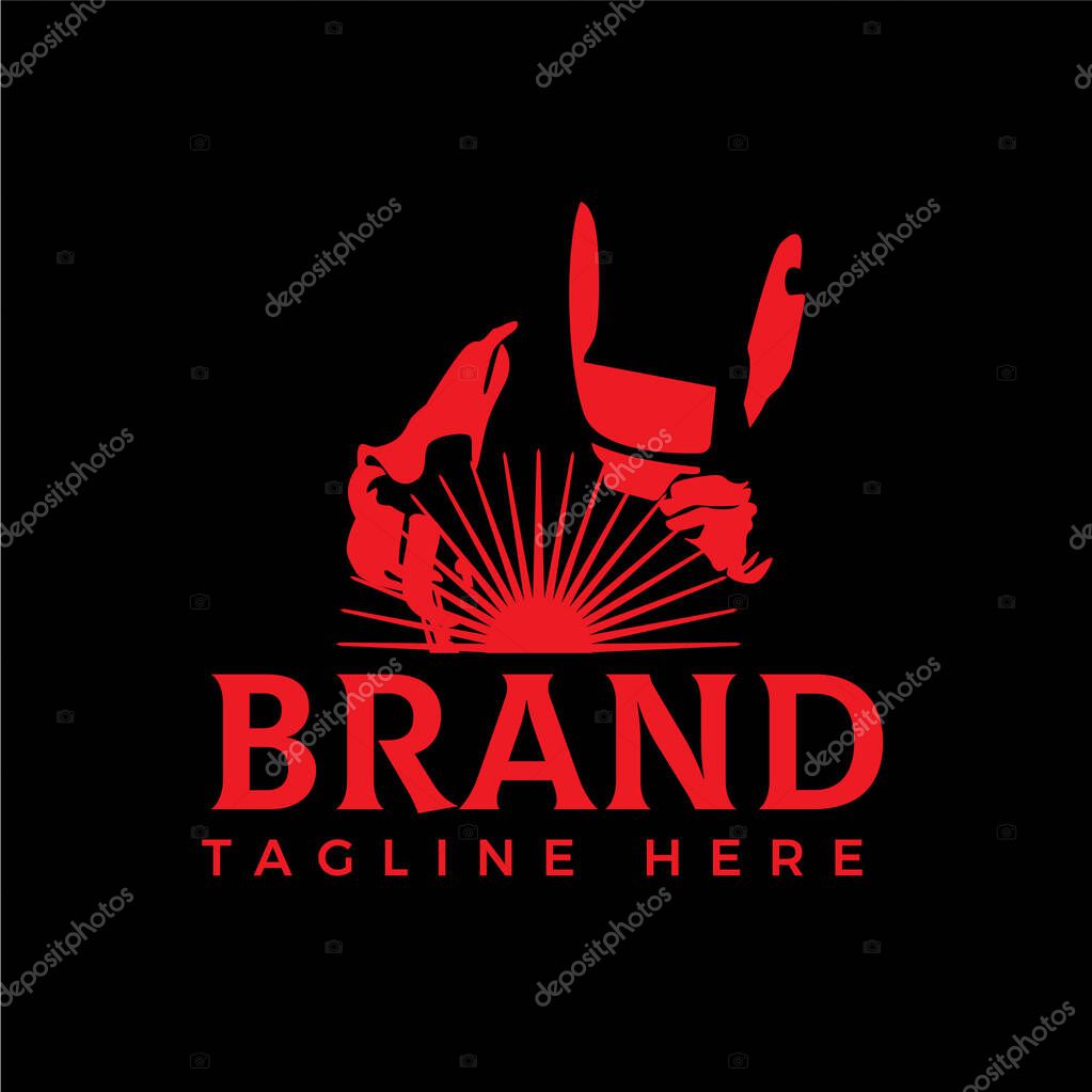 WELDING LOGO welder silhouette working with helmet in simple and modern design style