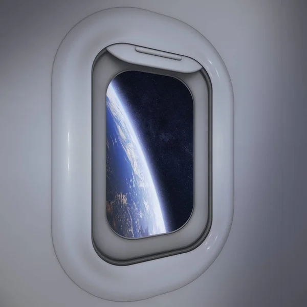 Framtida Flygkoncept Fönstervy Över Planeten Jorden Från Ett Rymdskepp Renderingselement — Stockfoto
