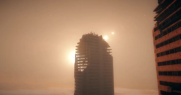 在雾中的启示城市 被毁坏的城市的鸟瞰图 启示的概念 超现实 — 图库视频影像