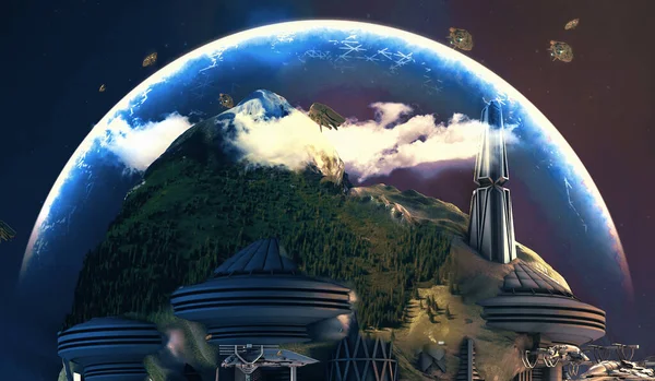 Szczegóły Miasta Science Fiction Miasto Science Fiction Ogromnymi Drapaczami Chmur Obraz Stockowy