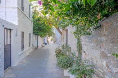 Bodrum Kasabası, Bodrum / Türkiye - 27 Eylül 2019: Bodrum 'da renkli sokak manzarası.