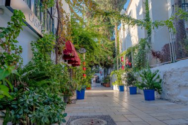 Bodrum Kasabası, Bodrum / Türkiye - 27 Eylül 2019: Bodrum 'da renkli sokak manzarası.