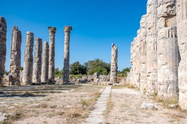 Mavi gökyüzü, Tyche Tapınağı mermer sütunları, Roma, 1. yüzyılın sonları Ad, Olba, (Uzunaburc), Silifke, Mersin, Türkiye