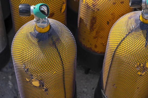 Scuba Diving Many Oxygen Yellow Tanks — Stock Photo, Image