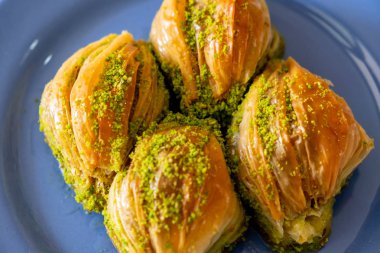 Yeşil Pistachio pudrası ve tereyağı kremalı Türk Midye Baklava 'sı (midye şekilli Baklava). Türk baklavası mavi tabak üzerine
