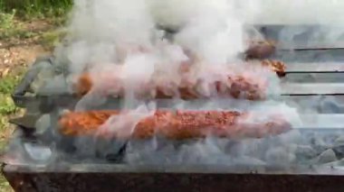 Geleneksel Türk Adana Kebap 'ı akşam yemeğinde şişler ile ızgarada. Türkiye 'de Türk mutfağı yemek kültürü. Adana kebabı doğadaki mangal üzerine. Piknik.