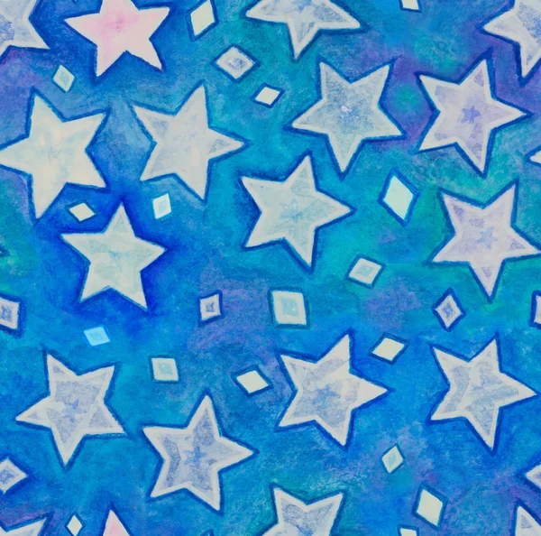 Гарний Безшовний Візерунок Зірками Блакитному Небі Рука Розфарбована Використанням Акварелі — стокове фото