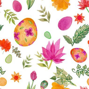 Güzel renkli yumurtalar ve parlak bahar çiçekleri. Paskalya tasarımı için kusursuz bir desen.