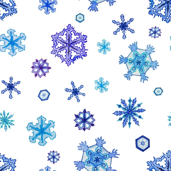 Patrón Sin Costuras Con Copos Nieve Dibujados Mano Con Acuarela — Foto de Stock