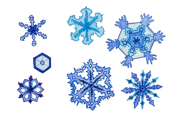 Zestaw Płatków Śniegu Ręcznie Malowane Akwarelą Atramentem Projektowania Zimowych Wakacji — Zdjęcie stockowe