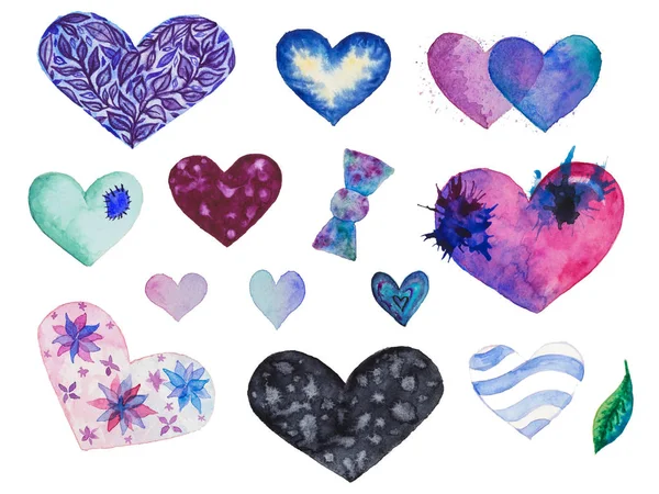 セントバレンタインズデイデザインのための美しい青の心のセット 紫色の花の心 ぬれた上でぬれた テクニックの心 パッチとスプラッシュで壊れた心 結婚式の招待状または愛の手紙を作成するための縞模様の心と小さな心 — ストック写真
