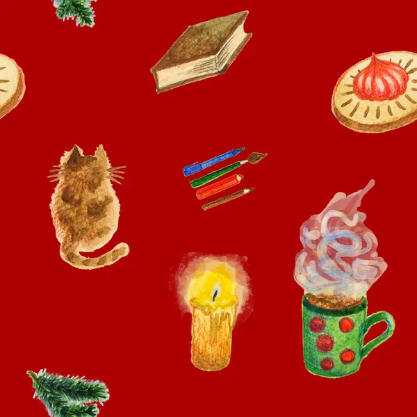 Бесшовный узор: кошка, свеча, книга, карандаши, горячий напиток, печенье и ветка елки на красном фоне — стоковое фото
