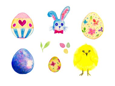 Paskalya seti: parlak yumurtalar, yavru tavşan ve tüylü bir tavuk..