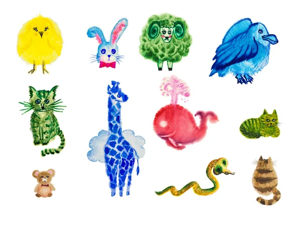 Eine Reihe von Aquarelltieren: ein Huhn, ein Kaninchen, ein Schaf, eine Möwe, Katzen, Giraffen, Wale und Schlangen — Stockfoto