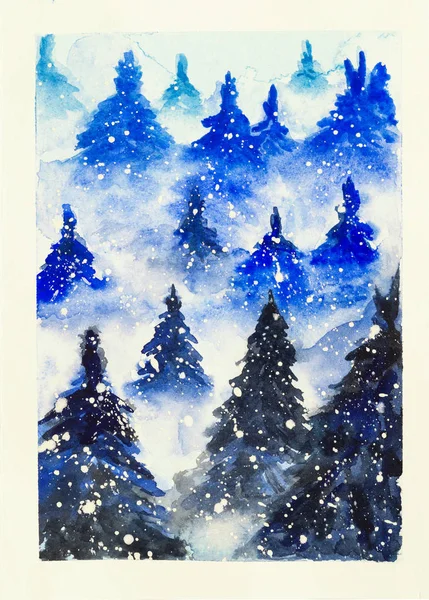 Egy Gyönyörű Akvarell Jelenet Ködös Fenyőerdővel Egy Havas Napon — Stock Fotó