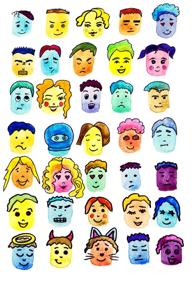 Conjunto Emoji Acuarela Dibujado Mano Brillante Emociones Humanas Amor Ira —  Fotos de Stock