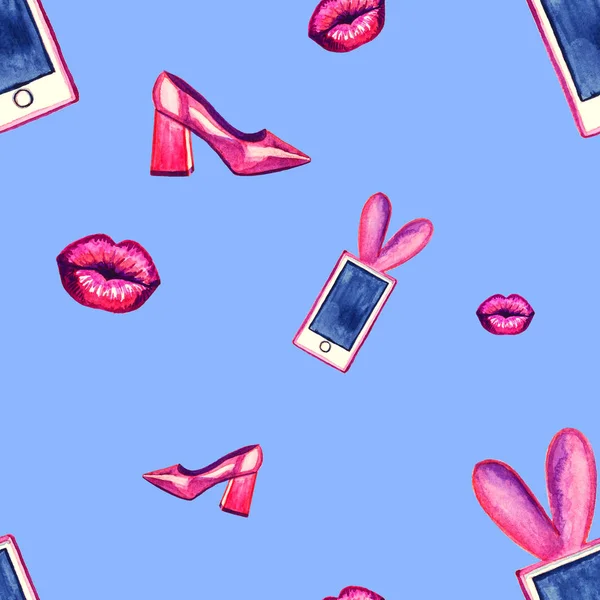 Hermoso Patrón Sin Costuras Con Teléfono Zapatos Besos Fondo Azul — Foto de Stock