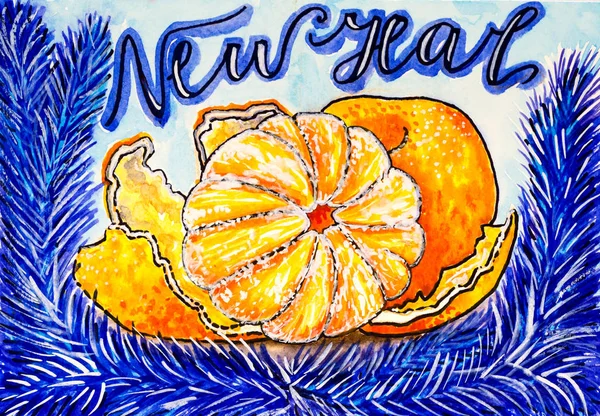 手绘水彩明信片上的橙色橘子和蓝色冷杉树枝 — 图库照片