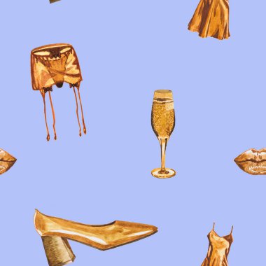 Dudaklar, oyuncak bebek, ayakkabı, diş telleri ve mavi arka planda bir bardak şampanya (dikişler deseni))