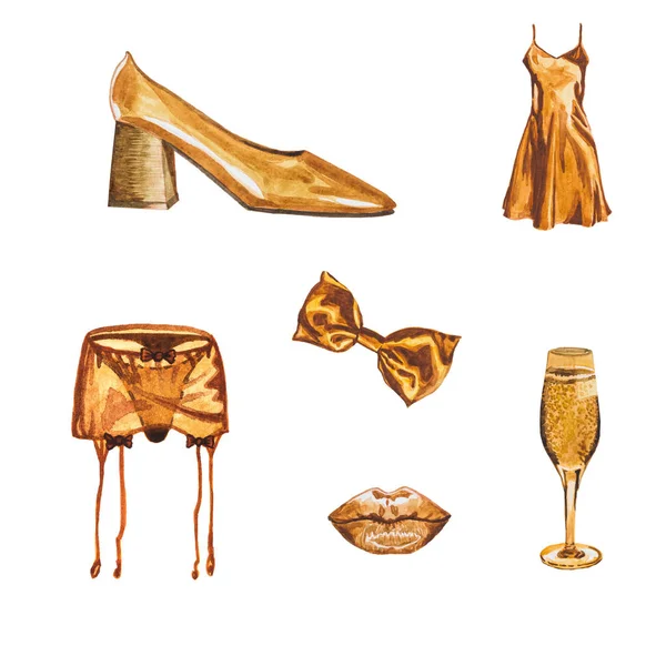 Gyllene Tillbehör Akvarell Uppsättning Isolerad Vit Bakgrund Mode 2020 Glamour — Stockfoto