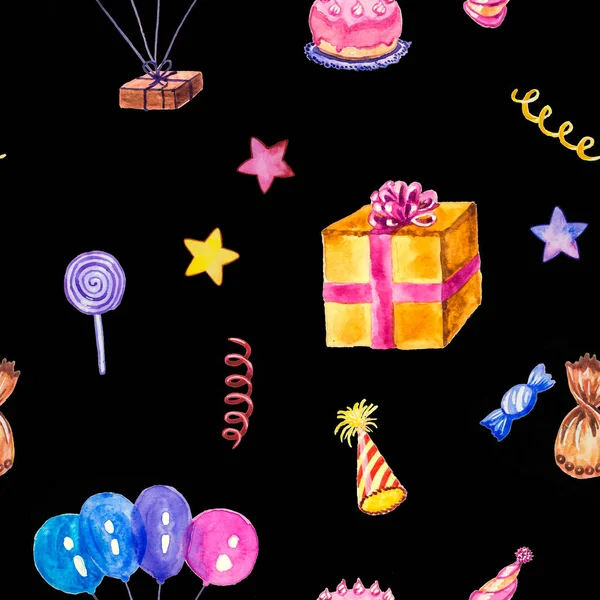 Geschenke Luftballons Süßigkeiten Und Geburtstagstorte Einem Nahtlosen Aquarellmuster — Stockfoto