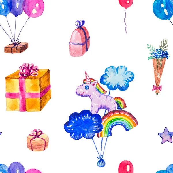 Presentes Aquarela Balões Padrão Sem Costura Presentes Aniversário Pintados Desenhados — Fotografia de Stock