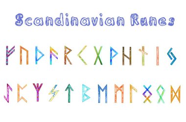 İskandinav Rünleri suluboya seti. Beyaz arkaplanda Futhark 'ın elle çizilmiş izole harfleri.