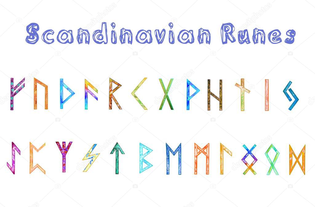 Scandinavian Runes watercolor set. Hand drawn isolated letters of Futhark on white background.